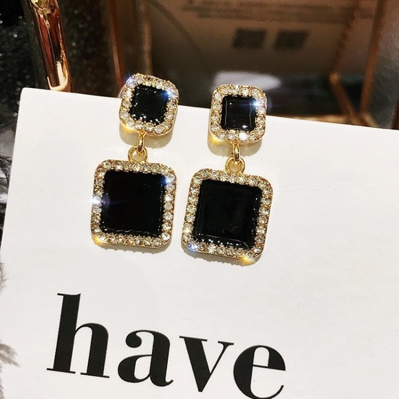 Black Square Geometric Pavé Earrings - Picture 3 of 7